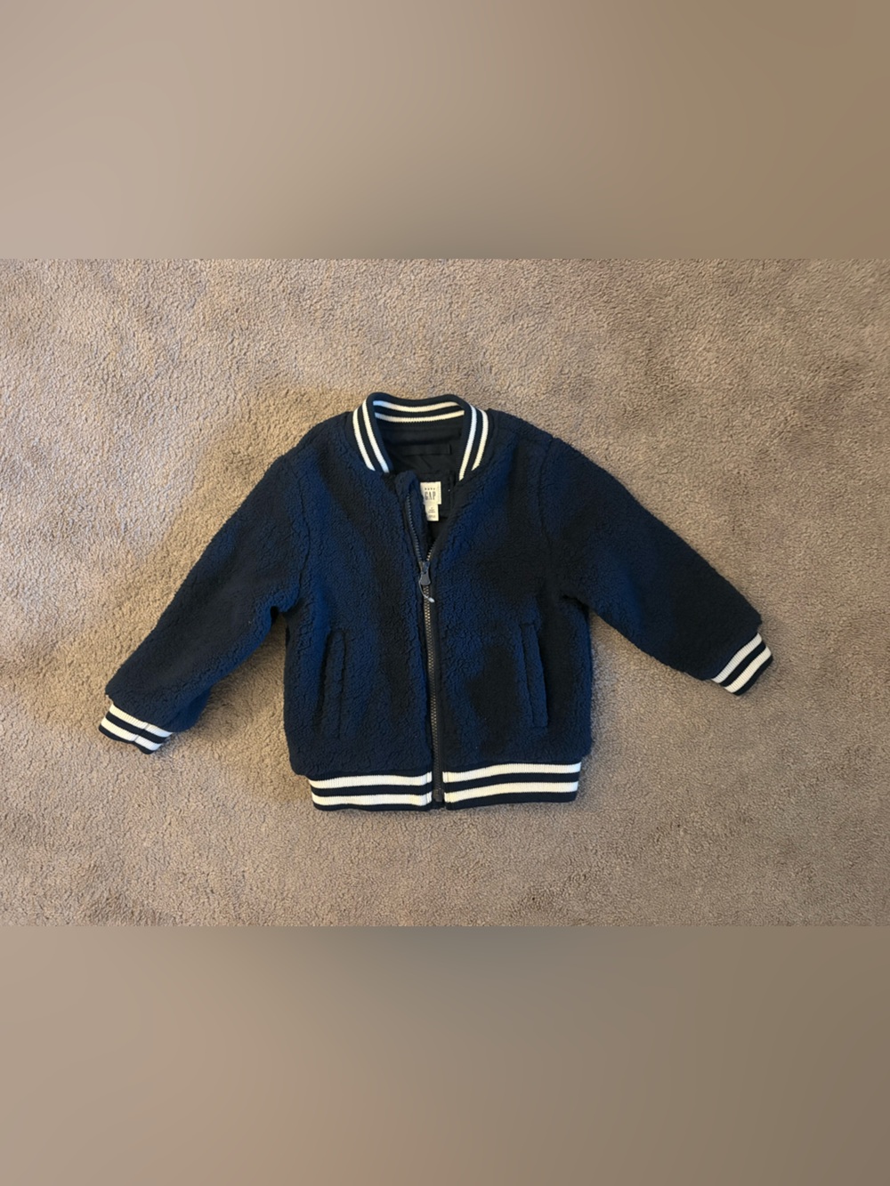 GAP Navy Sherpa Bomber Jacket with White Striped Trim